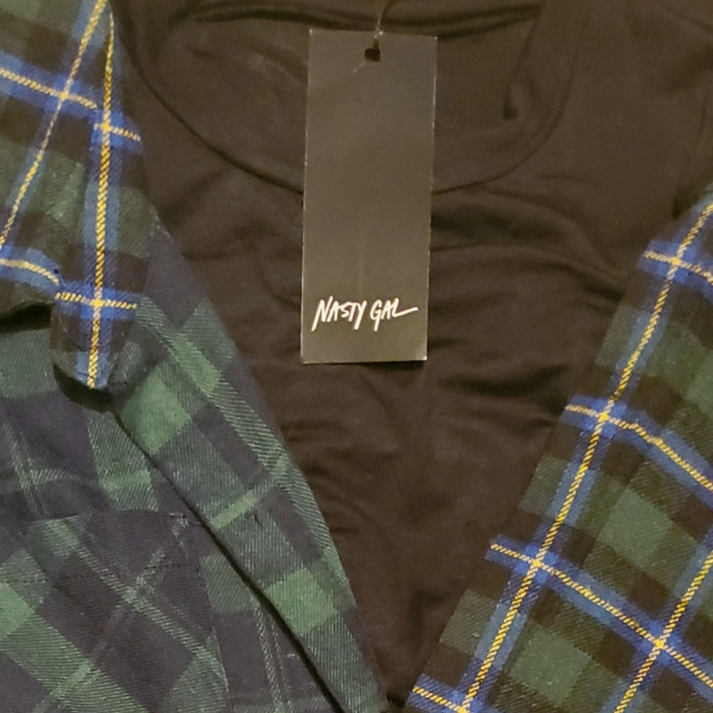 New NASTY GAL 2 in 1 Spliced Plaid Flannel Check Shirt Dress S Y2K - Picture 4 of 4